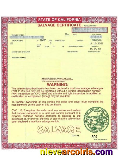 USA California Salvage Certificate Of A Vehicle Sample
