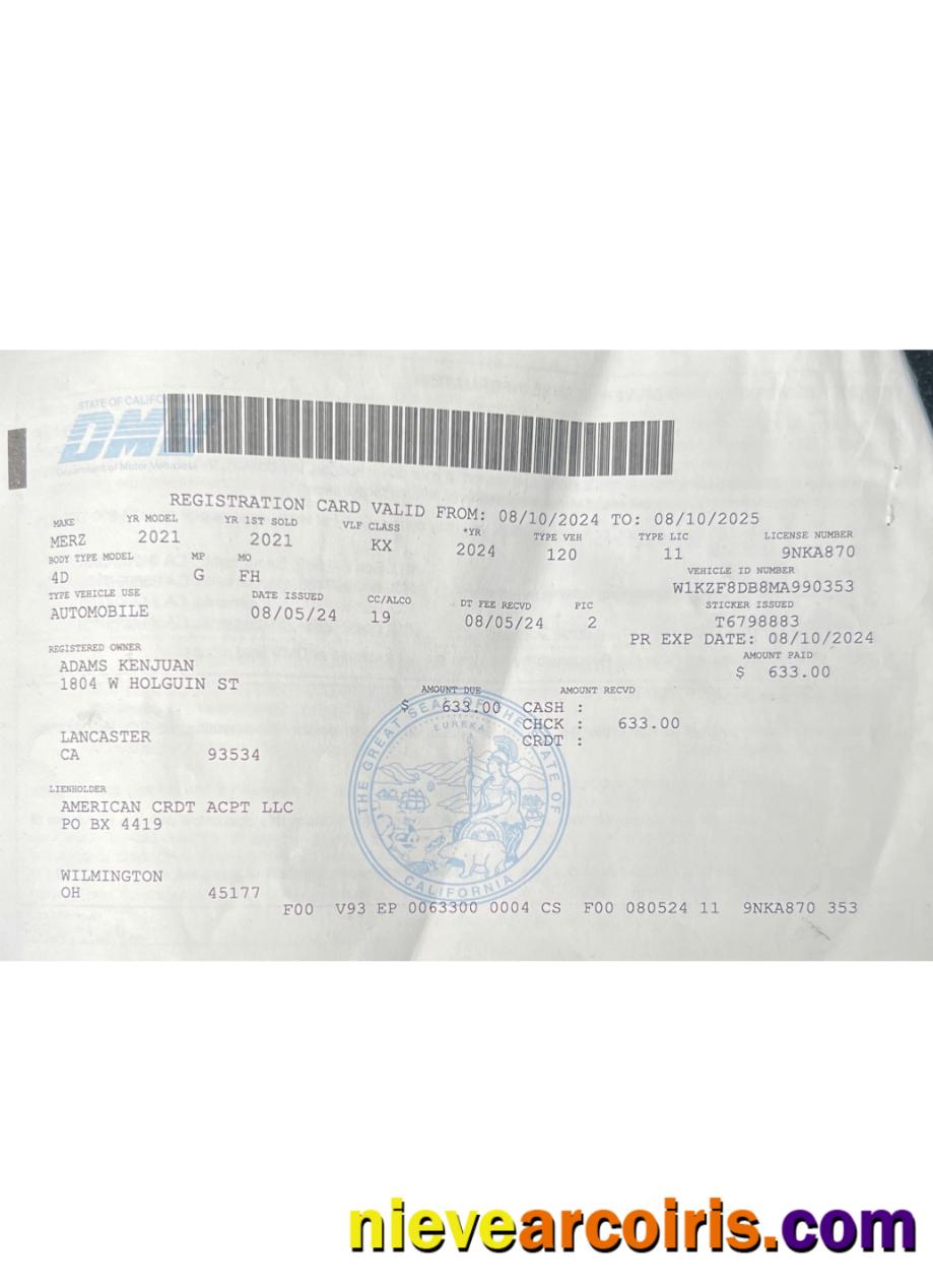 USA California Vehicle Registration License Sample