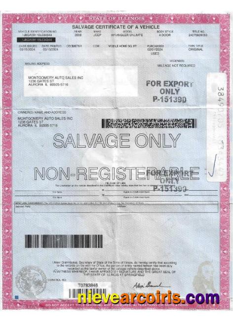 USA Illinois Salvage Certificate Of A Vehicle Template