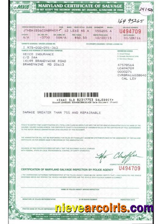 USA Maryland Certificate Of Salvage Template