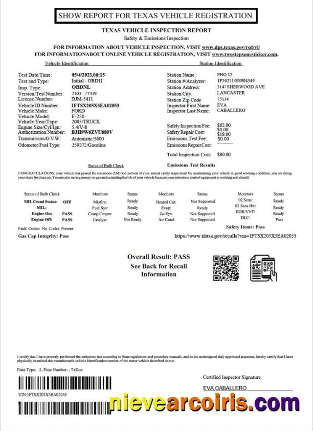 USA Texas Vehicle Inspection Report Template
