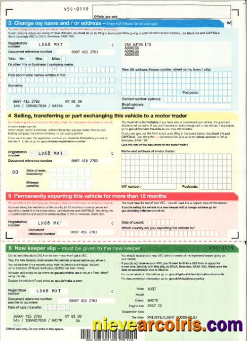United Kingdom Driver,vehicle Registration Certificate3 Sample
