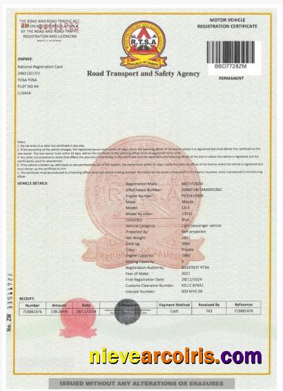 Zambia Vehicle Registration Certificate Photolook