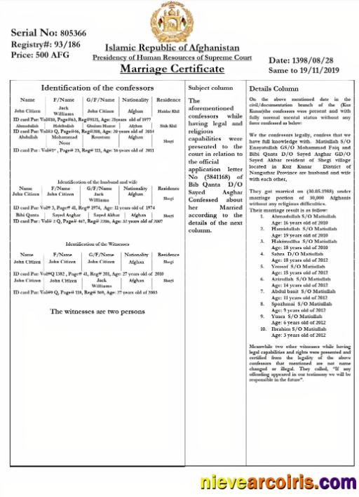 AFGHANISTAN Marriage Certificate Template