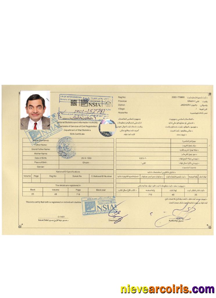 Afghanistan Birth Certificate Template