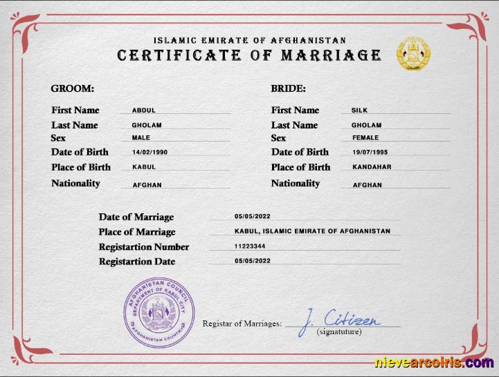Afghanistan Marriage Certificate PSD Sample