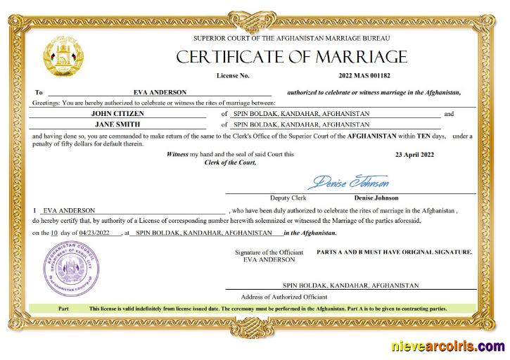 Afghanistan Marriage Certificate Word And PDF Template