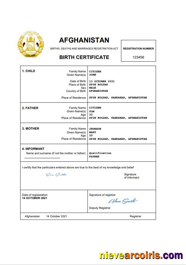 Afghanistan Vital Record Birth Certificate Word Preview