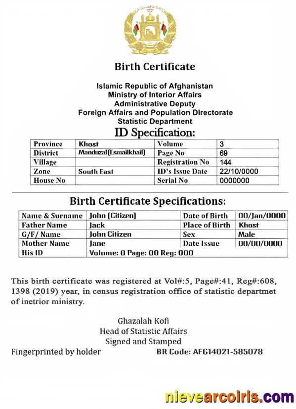 Premium Afghanistan Vital Record Birth Certificate Editable PSD Template, Version 2