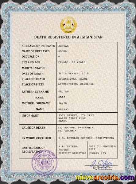 Afghanistan Vital Record Death Certificate PSD Preview