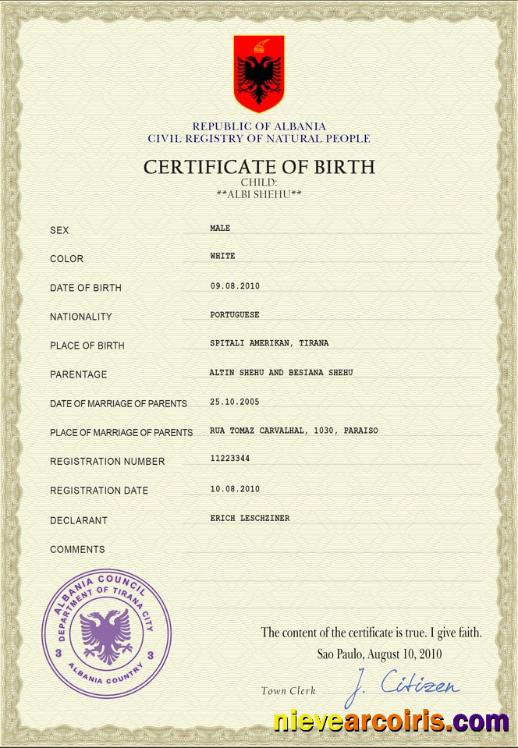 Realistic Albania Birth Certificate PSD Template