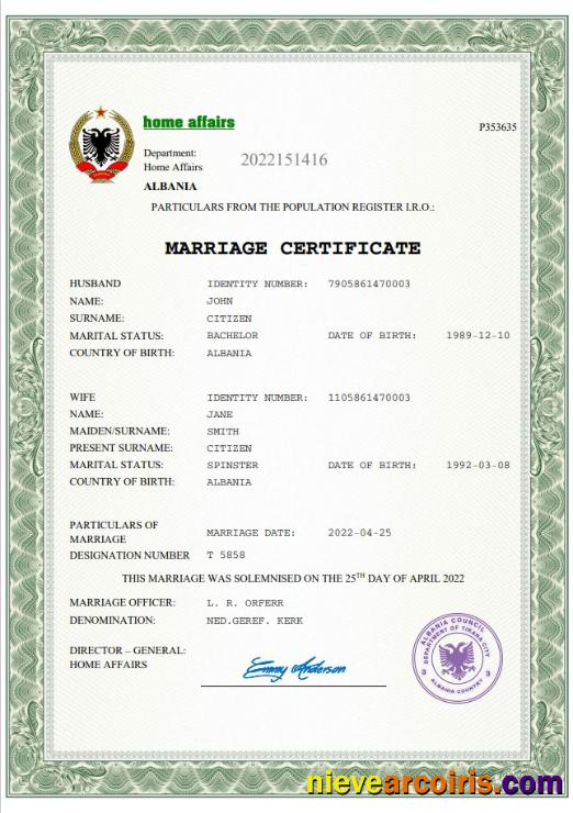 Albania Marriage Certificate Word Preview