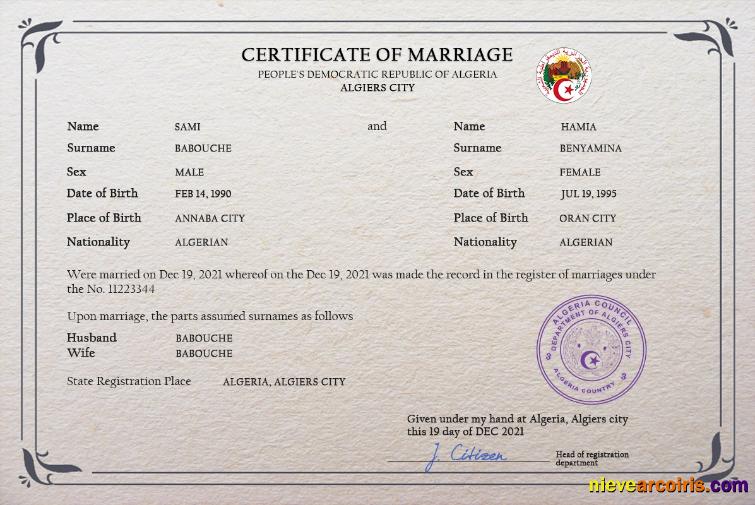 Editable Algeria Marriage Certificate PSD Template