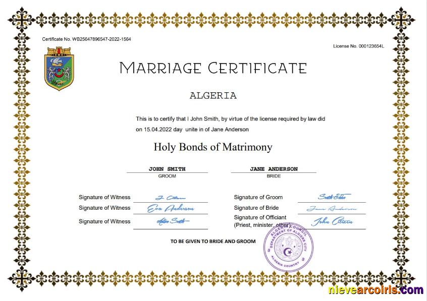 Premium Algeria Marriage Certificate Word And PDF Template
