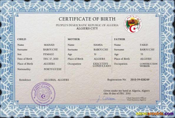Professional Algeria Vital Record Birth Certificate PSD Template