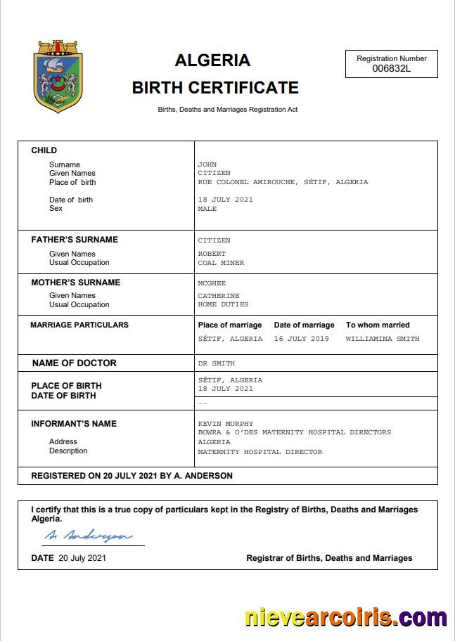 Algeria Vital Record Birth Certificate Word Photolook