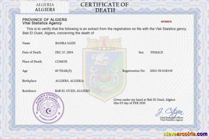 Premium Algeria Vital Record Death Certificate PSD Template
