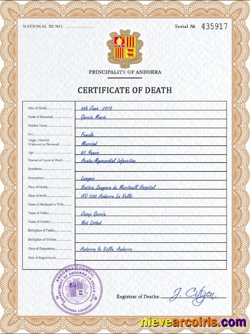 Realistic Andorra Death Certificate PSD Template