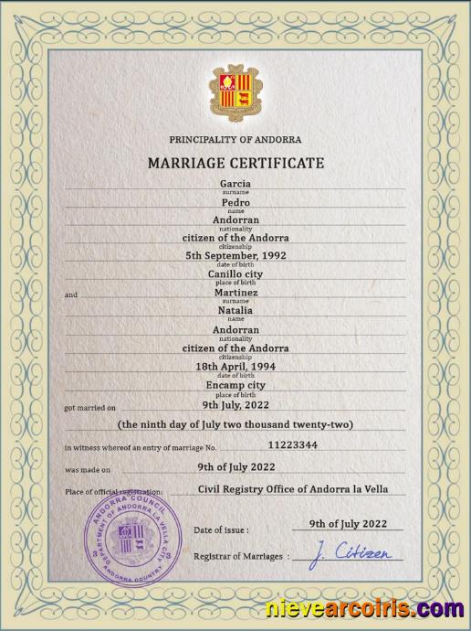 Realistic Andorra Marriage Certificate PSD Template