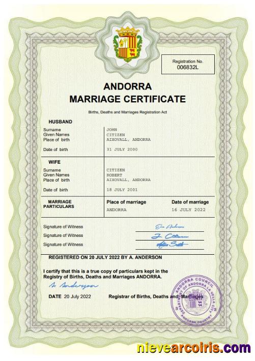 Premium Andorra Marriage Certificate Word And PDF Template