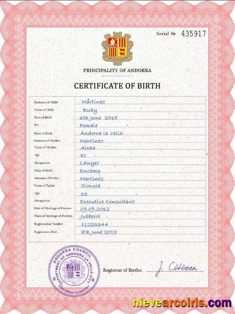 Editable Andorra Vital Record Birth Certificate PSD Template