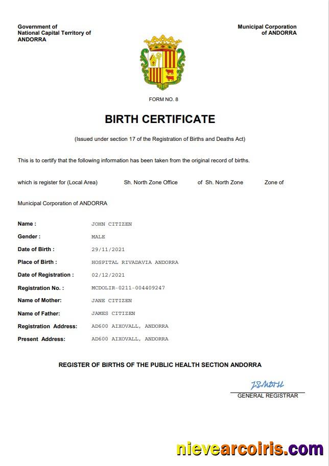 Premium Andorra Vital Record Birth Certificate Word And PDF Template