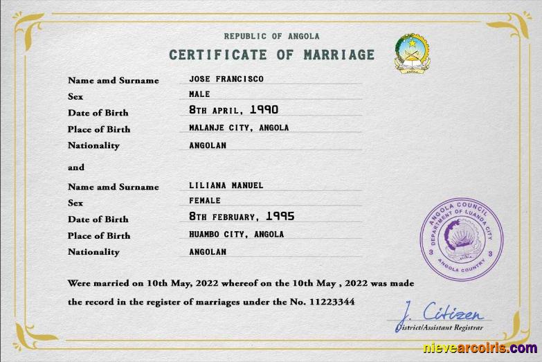 Realistic Angola Marriage Certificate PSD Template
