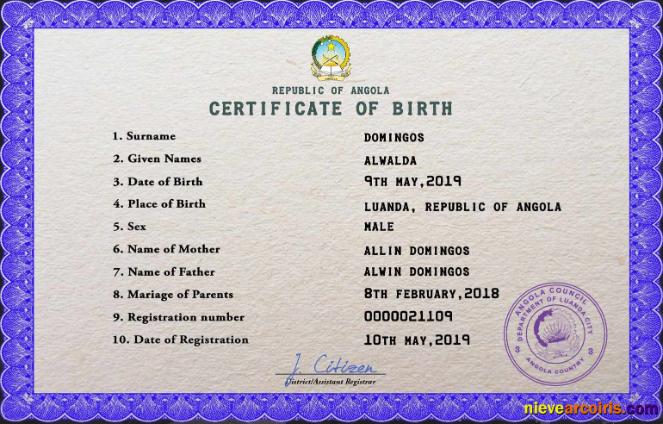 Professional Angola Vital Record Birth Certificate PSD Template