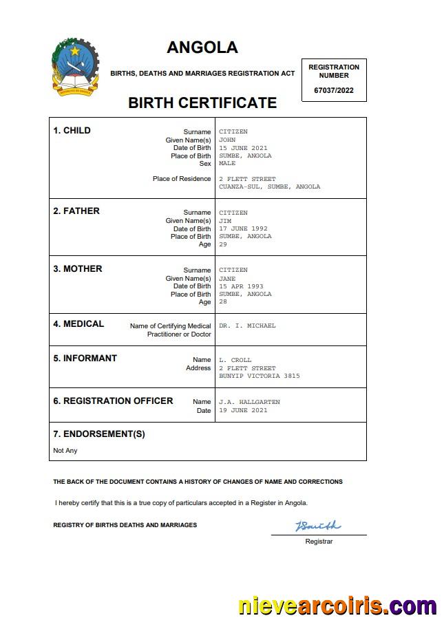 Premium Angola Vital Record Birth Certificate Word And PDF Template
