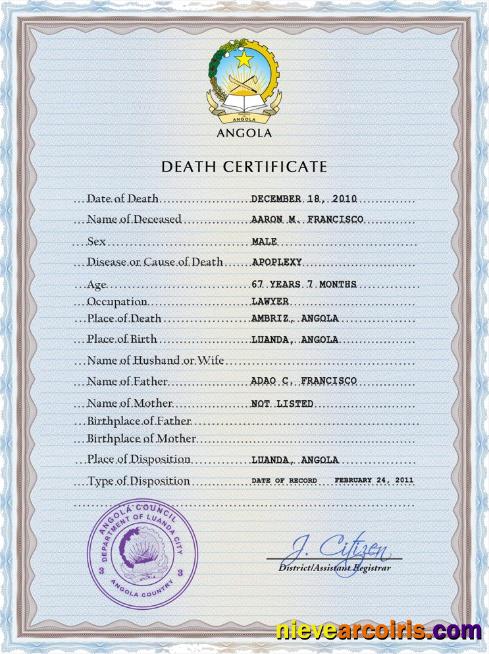 Editable Angola Vital Record Death Certificate PSD Template