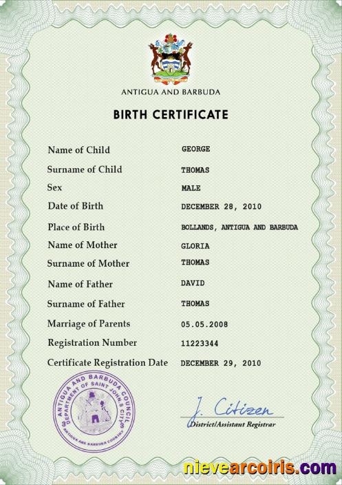 Premium Antigua And Barbuda Birth Certificate PSD Template