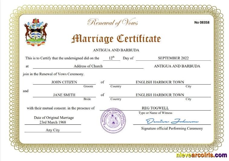 Realistic Antigua And Barbuda Marriage Certificate Word And PDF Template