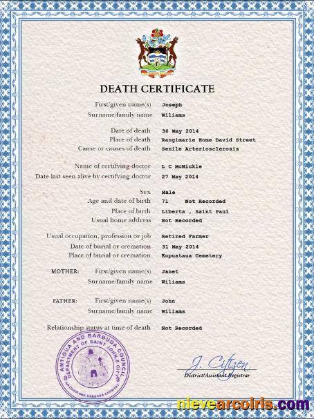 Professional Antigua And Barbuda Vital Record Death Certificate PSD Template
