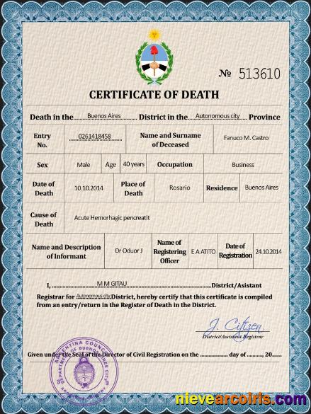 Editable Argentina Death Certificate PSD Template