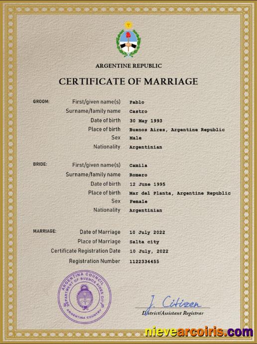 Realistic Argentina Marriage Certificate PSD Template