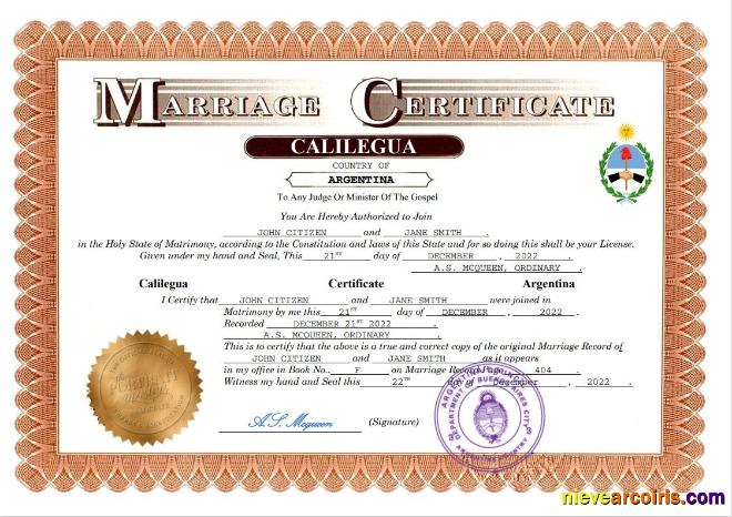 Editable Argentina Marriage Certificate Word And PDF Template