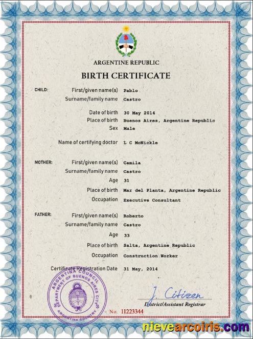 Realistic Argentina Vital Record Birth Certificate PSD Template