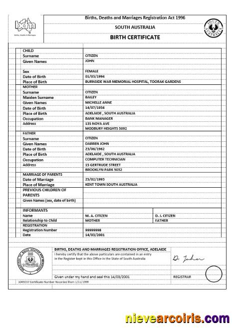 Editable Australia Australian Capital Territory Birth Certificate Template In Word Format, Version 1