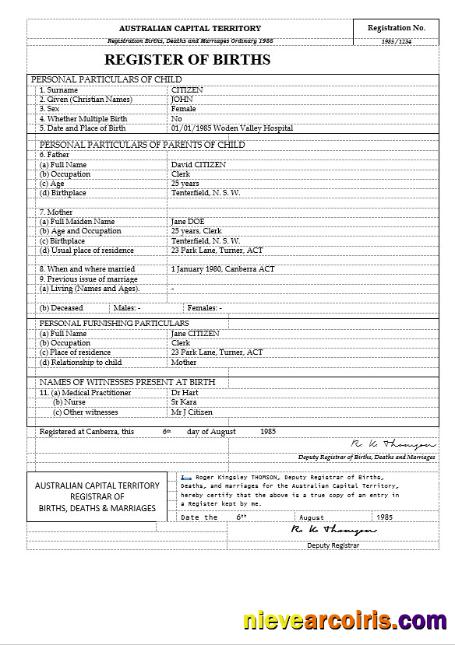 Editable Australia Australian Capital Territory Birth Certificate Template In Word Format, Version 2