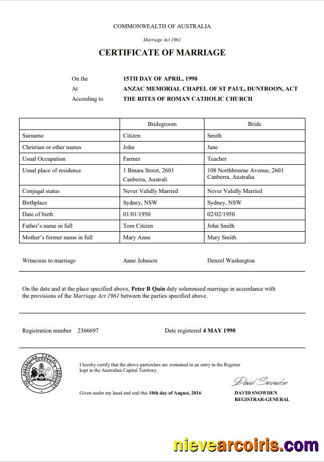 Professional Australia Australian Capital Territory Marriage Certificate Template In Word