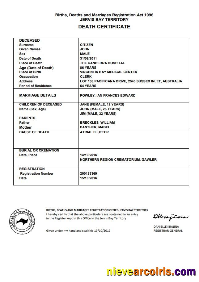 Realistic Australia Jervis Bay Territory Death Certificate Template In Word Format