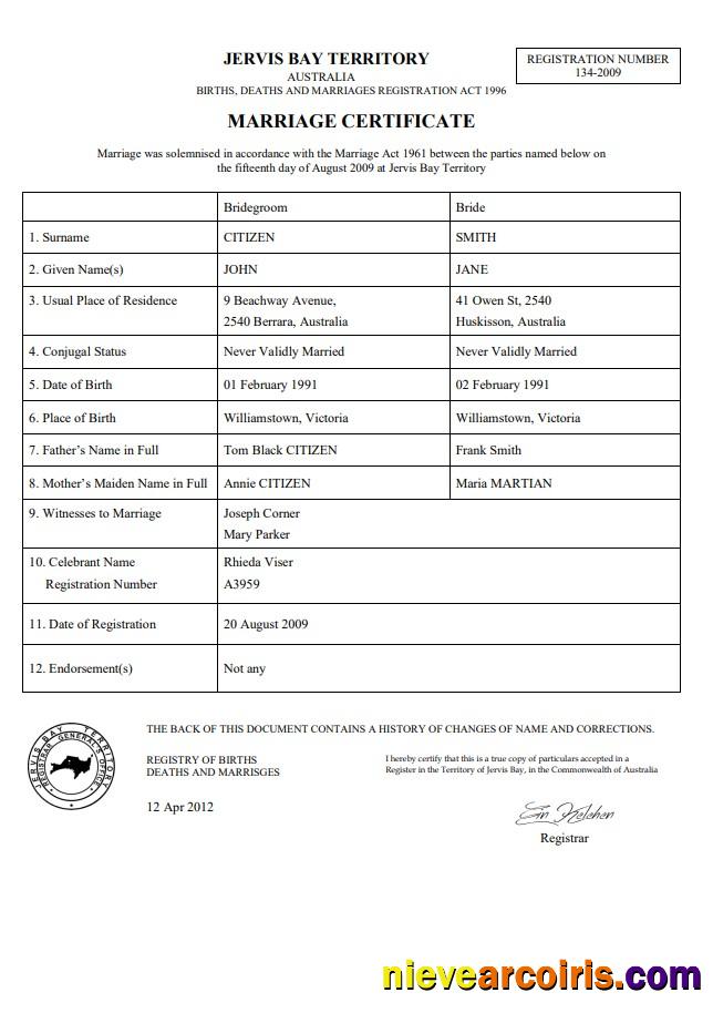 Editable Australia Jervis Bay Territory Marriage Certificate Template In Word