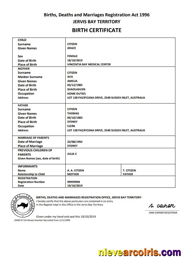 Professional Australia Jervis Bay Territory Birth Certificate Template In Word And PDF Format