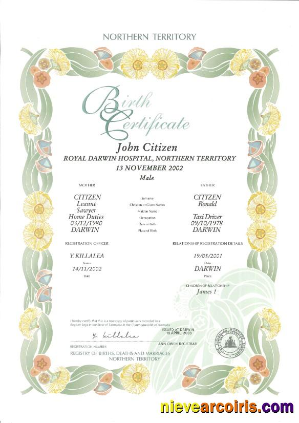 Professional Australia Northern Territory Decorative (commemorative) Birth Certificate Template In PSD Format