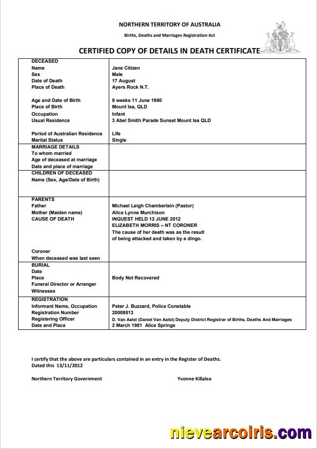Professional Australia Northern Territory Of Australia Death Certificate Template In Word Format
