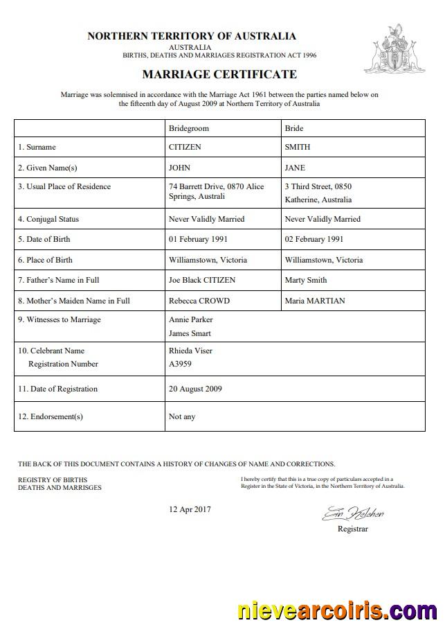 Premium Australia Northern Territory Of Australia Marriage Certificate Template In Word