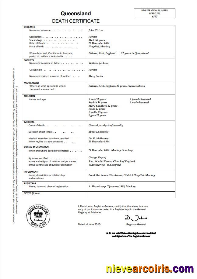 Editable Australia Queensland Death Certificate Template In Word