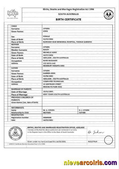Australia South Australia Birth Certificate Version 1 Preview