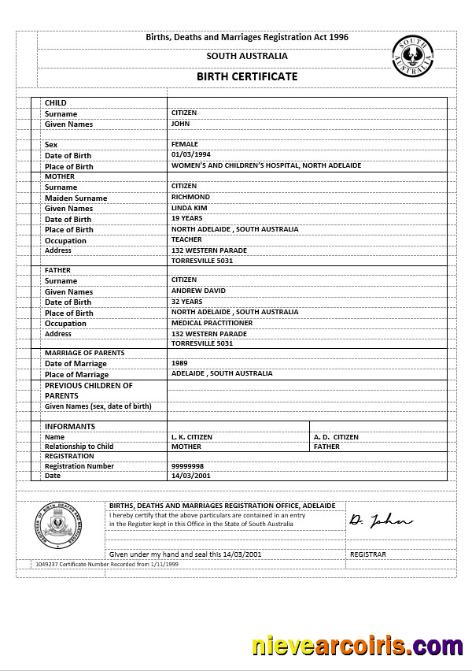 Australia South Australia Birth Certificate Version 2 Template
