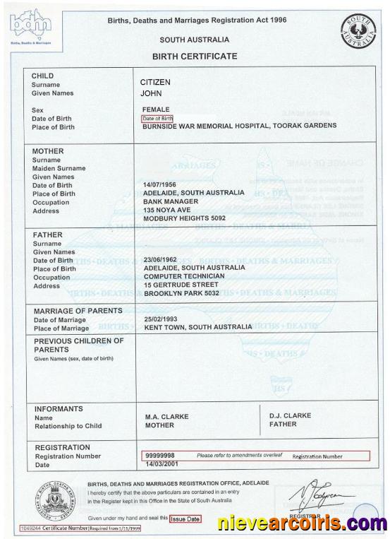 Australia South Australia Birth Certificate Sample